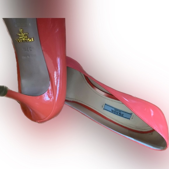Prada 1KP159 coral patent leather peep toe pumps heels shoes 37.5 Womens 7 W Box - Picture 11 of 14